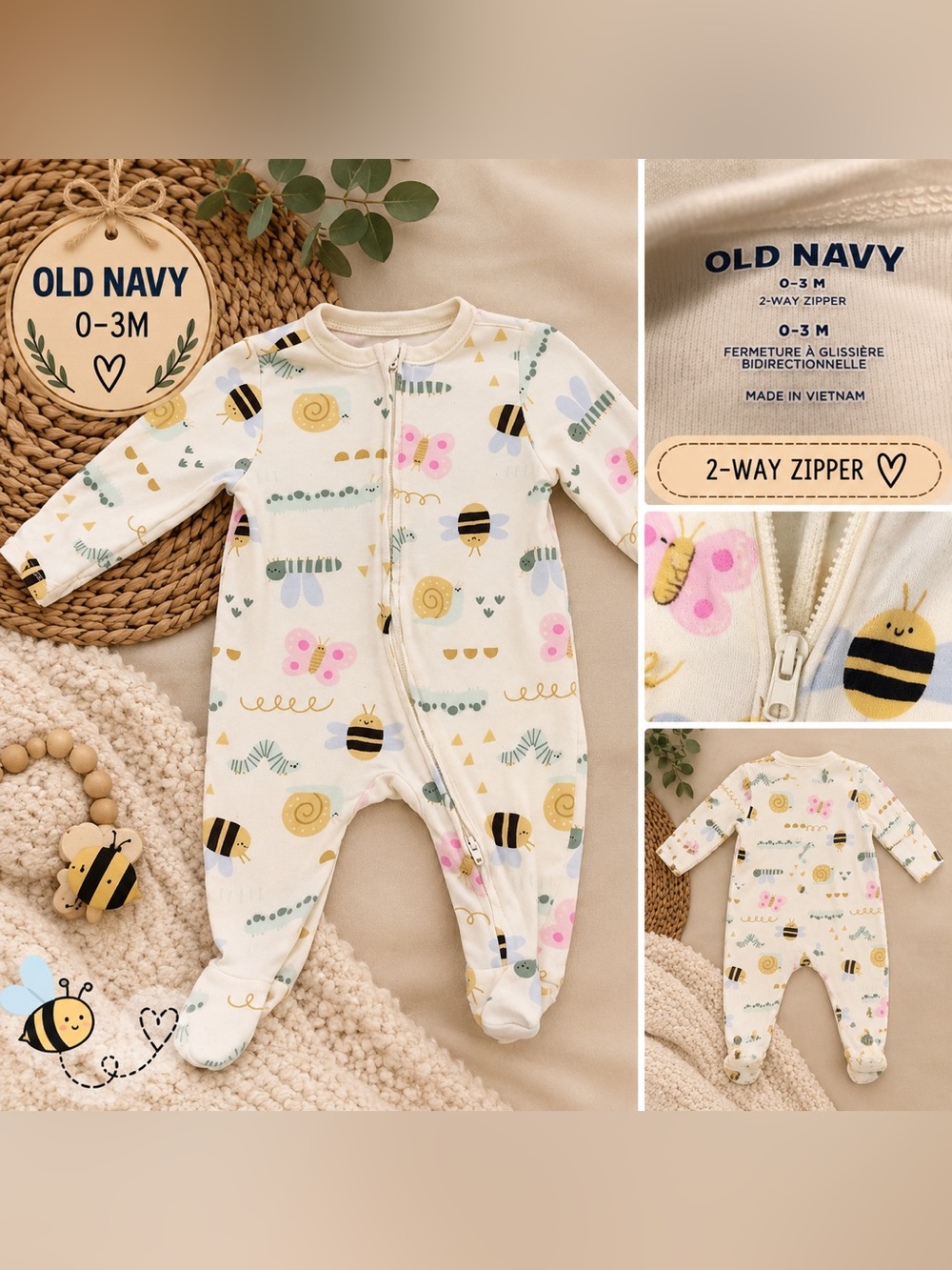 Old Navy Baby 0–3M Bug & Butterfly Footed Sleeper – 2-Way Zipper